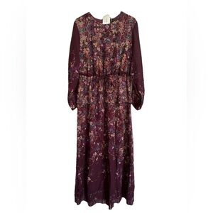 Annah Hariri Singapore Modest Floral Print Maxi Dress Maroon Sz 16 NWT no slits